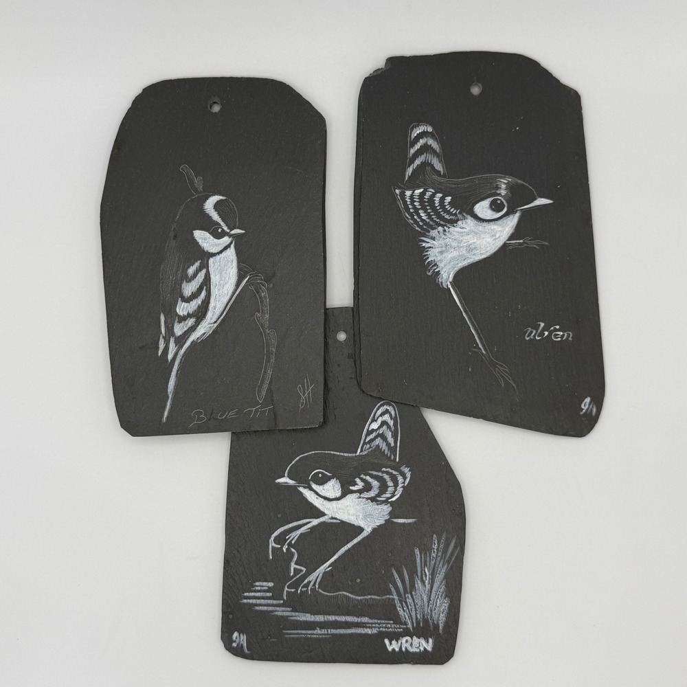 Welsh‎ Slate Hand Etched Bird Art Set 3 Vintage Signed Irene Hatton Boho Cottage
